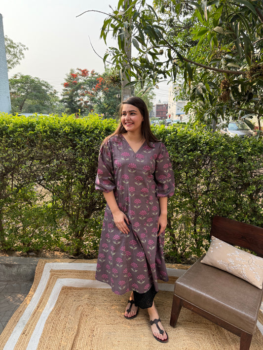 Purple floral Aline kurta with pockets