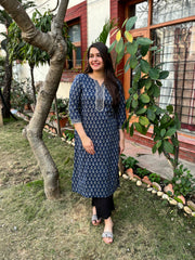 Blue flower printed lace kurta with border