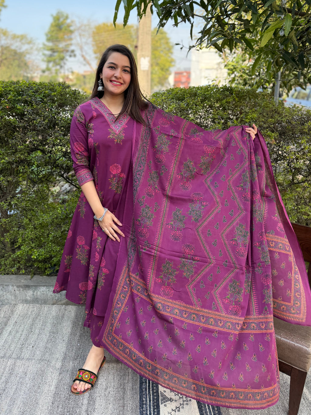 Wine Floral Aline Suit Set by Sanskritam