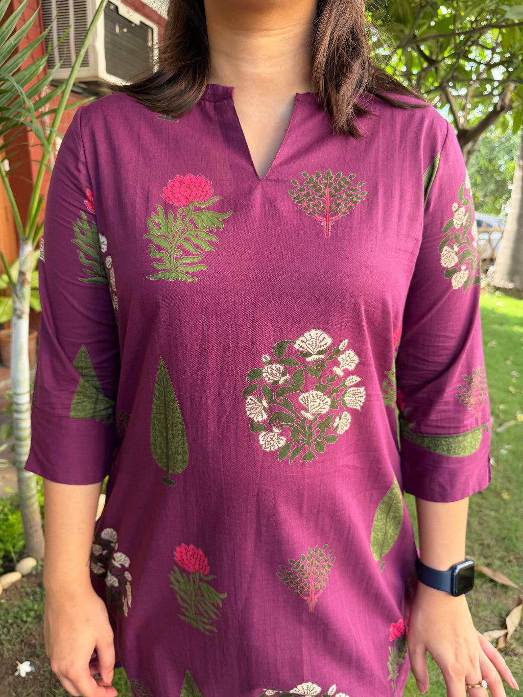 Wine Big Leaf Flower Ban-Neck Kurta close up by Sanskritam