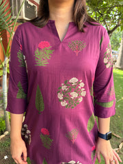 Wine Big Leaf Flower Ban-Neck Kurta close up by Sanskritam