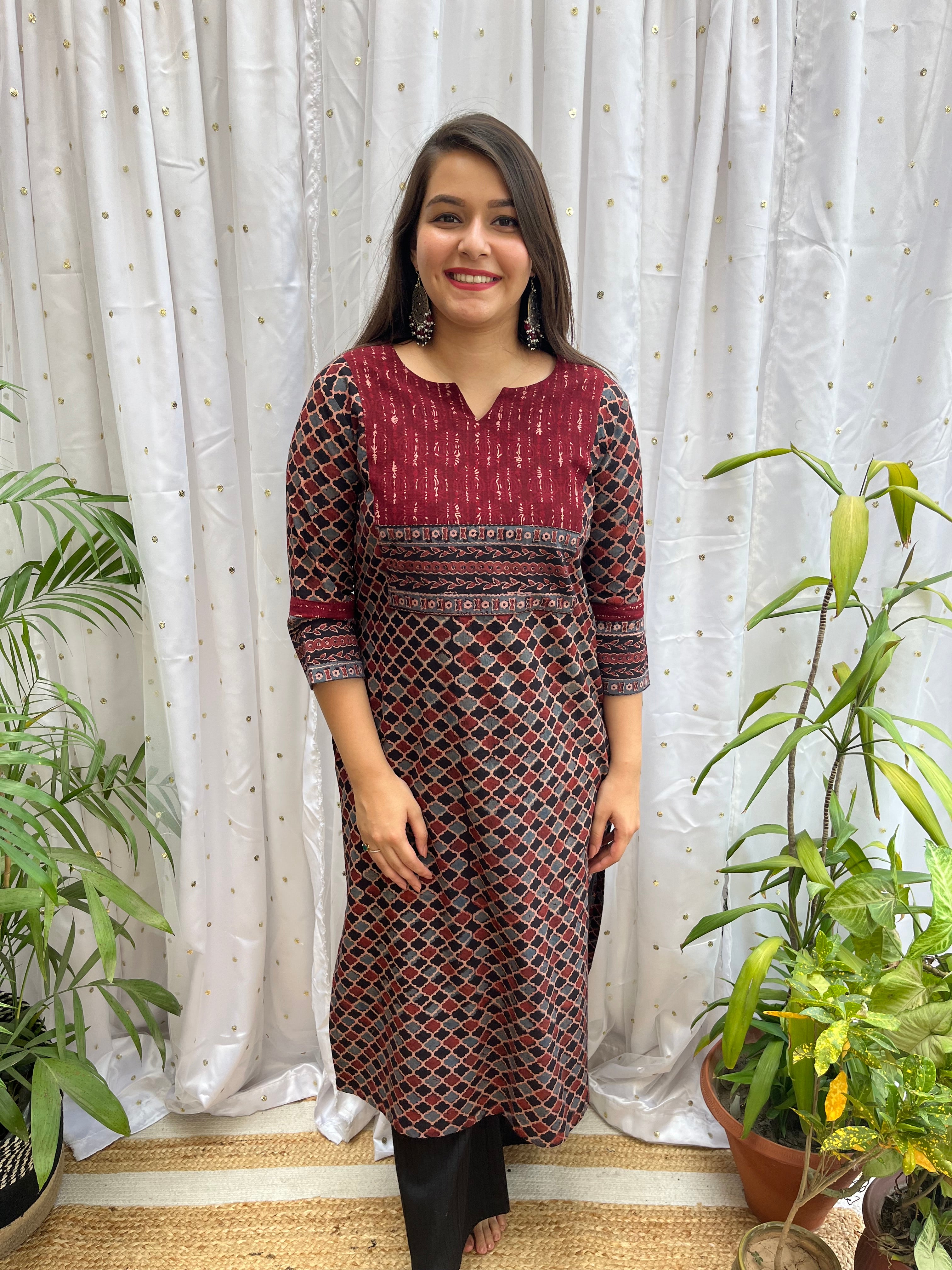 Grey Maroon Geometric yoke kurta - MYSANSKRITAM