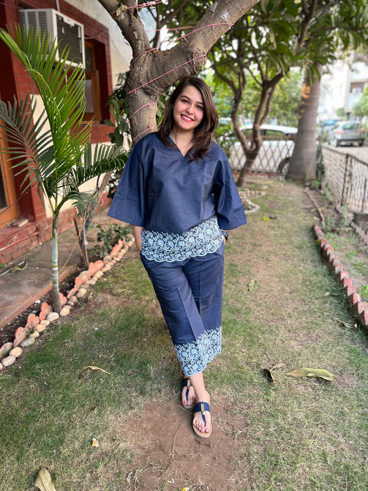 Soft denim embroidered coord set - MYSANSKRITAM