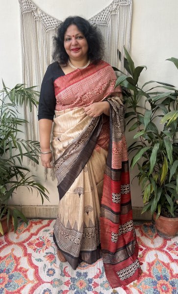 Beige Maroon Tussar Silk saree - MYSANSKRITAM