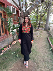 Black woollen embroidered Yoke kurta