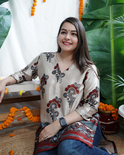 Beige Indigo Floral Modal Silk Kurti