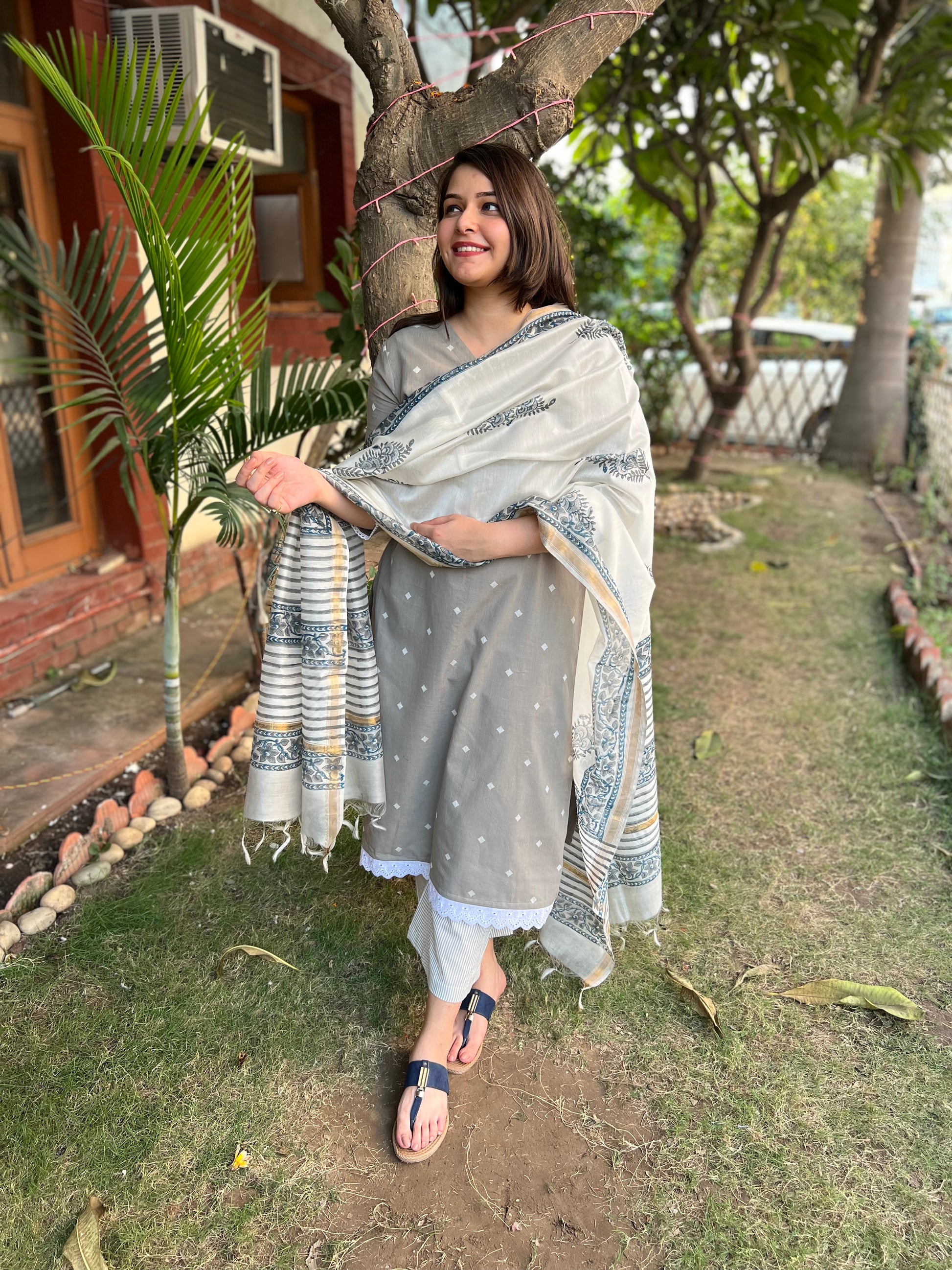 Slate Grey Kurta with handblock Chanderi duppata - MYSANSKRITAM