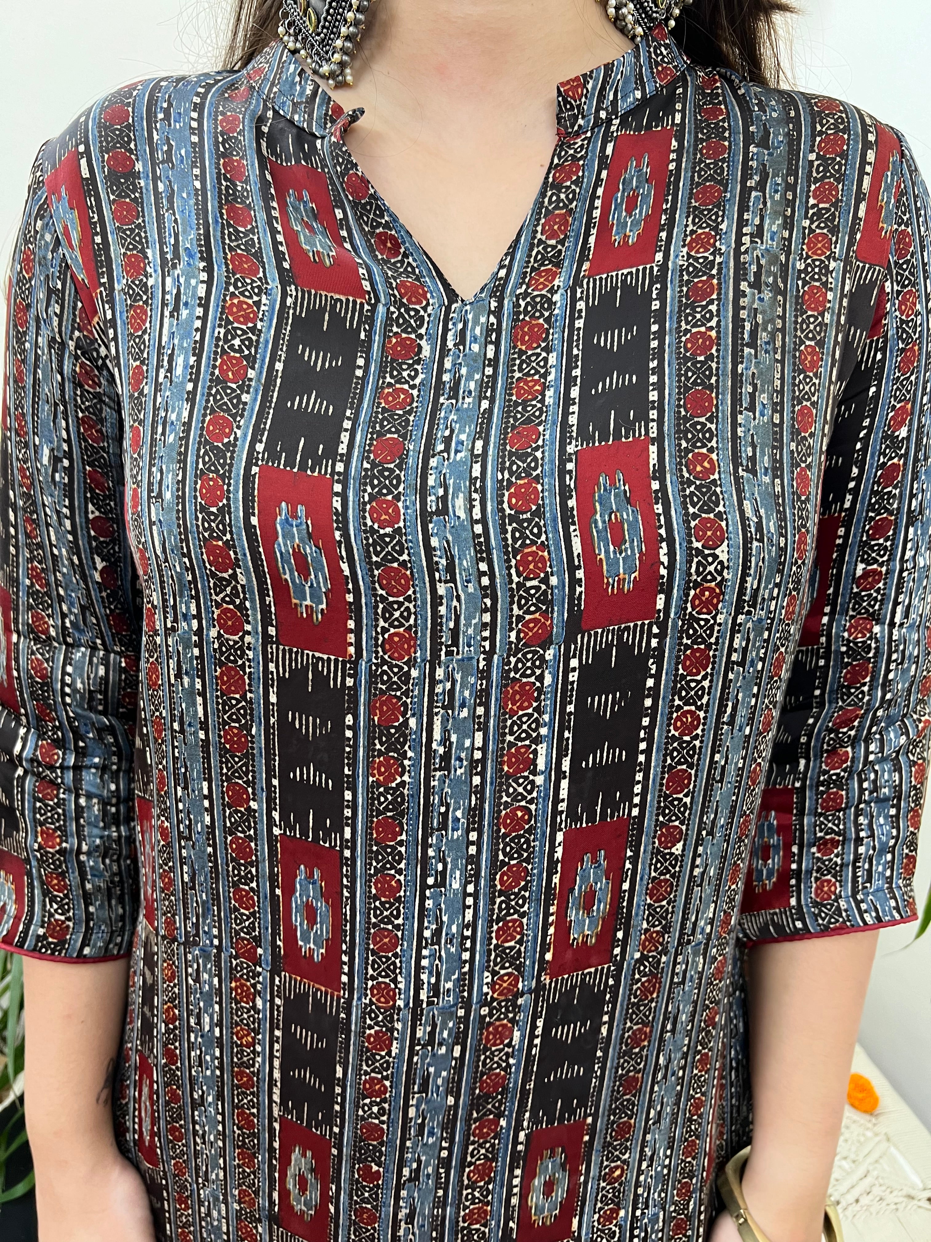 Premium Modal Maroon grey Modern print  Long kurta - MYSANSKRITAM