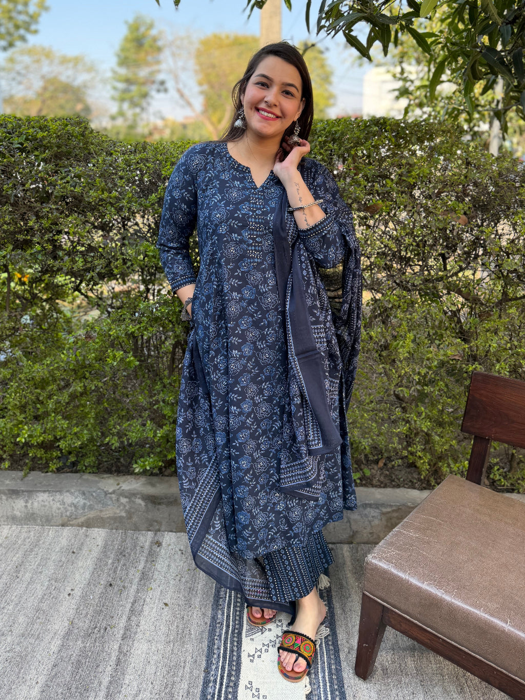 Blue Floral Full Suit Set by MySanskritam