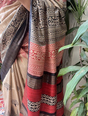 Beige Maroon Tussar Silk saree - MYSANSKRITAM