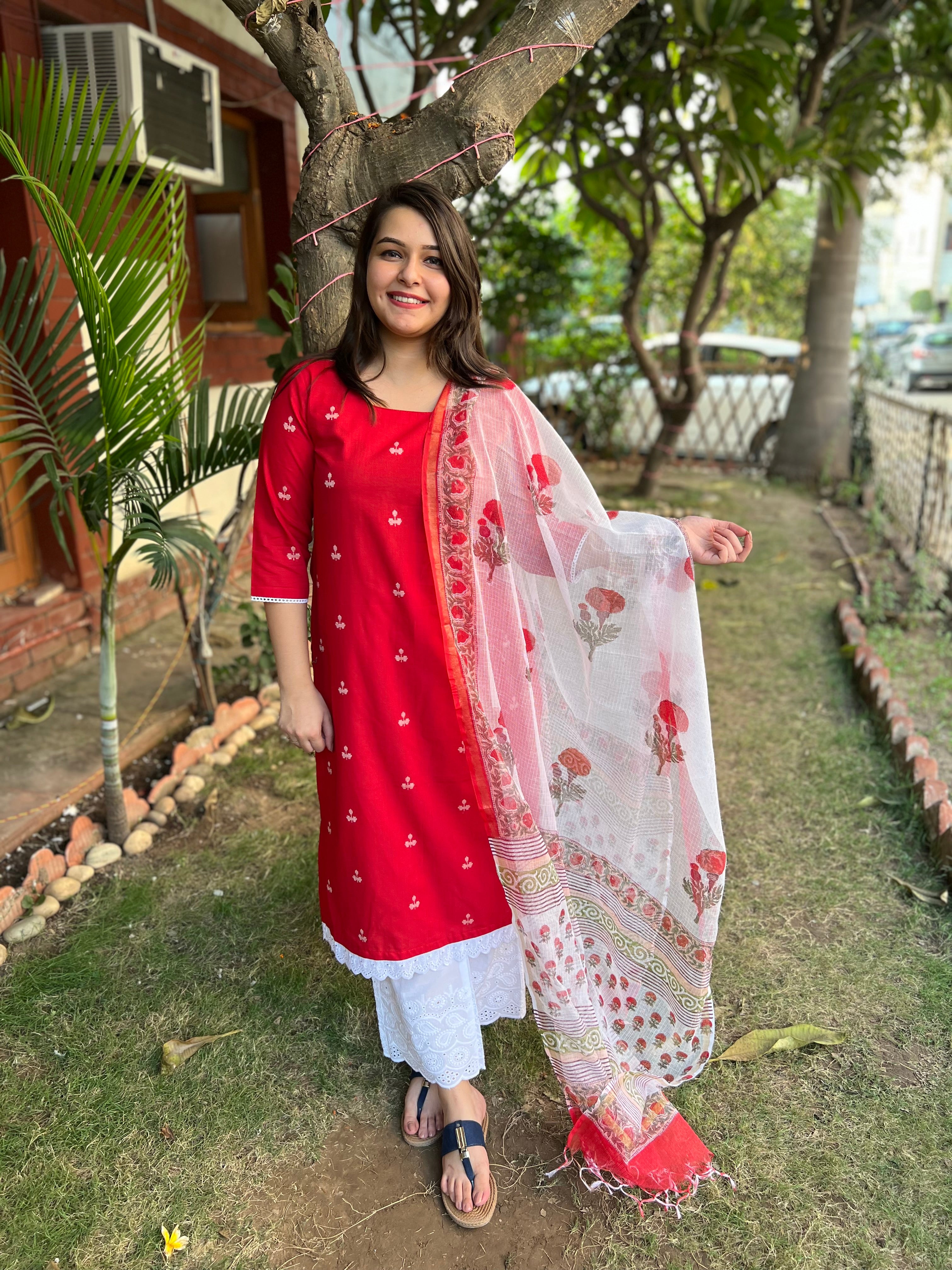 Tamatari red Kurta with handblock Kota Doria duppata - MYSANSKRITAM