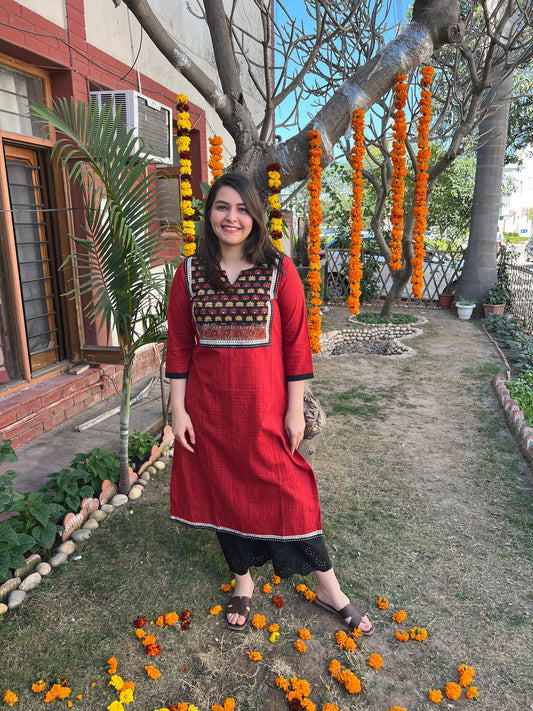 Red embroidered Yoke kurta