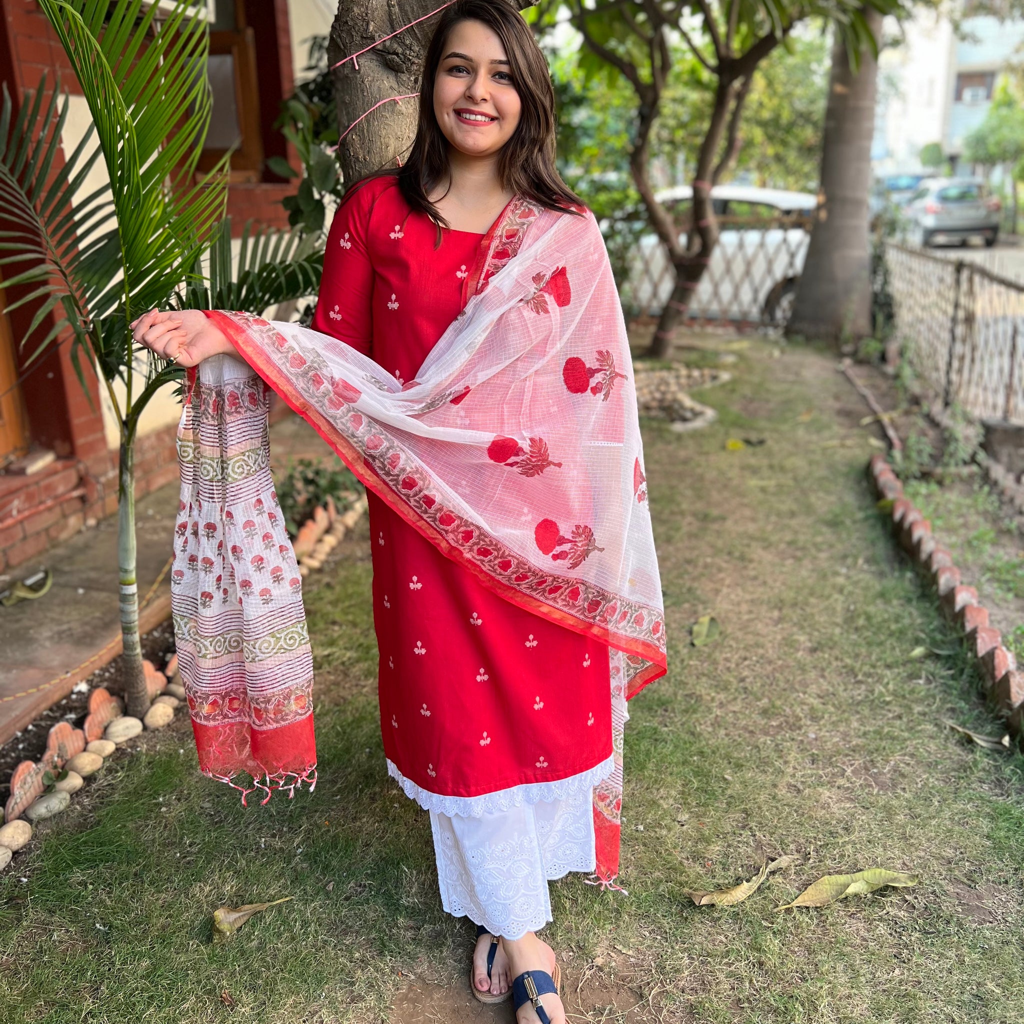 Tamatari red Kurta with handblock Kota Doria duppata - MYSANSKRITAM