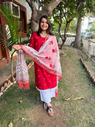 Tamatari red Kurta with handblock Kota Doria duppata
