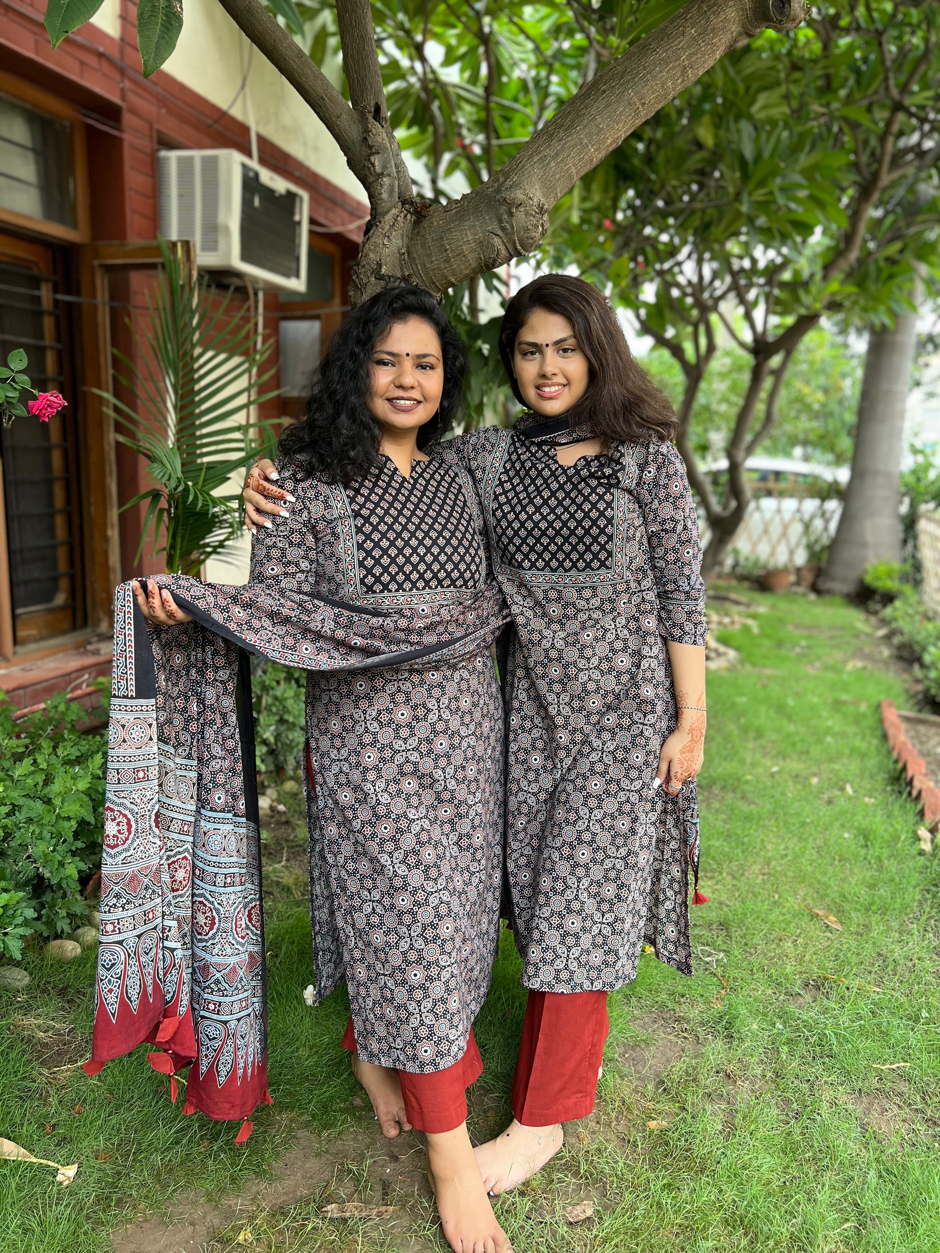 Black Ajrakh geometric yoke kurta Only - MYSANSKRITAM