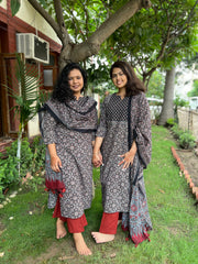 Black Ajrakh geometric yoke kurta Only - MYSANSKRITAM