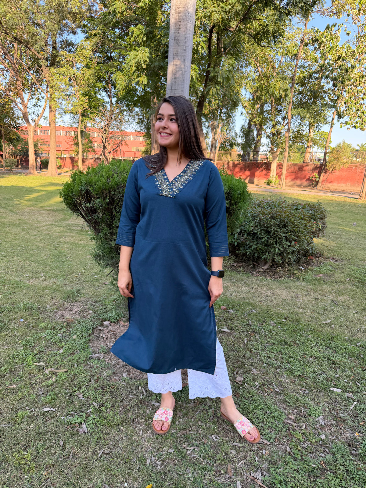 Peacock Blue V-Neck Embroidered Kurta