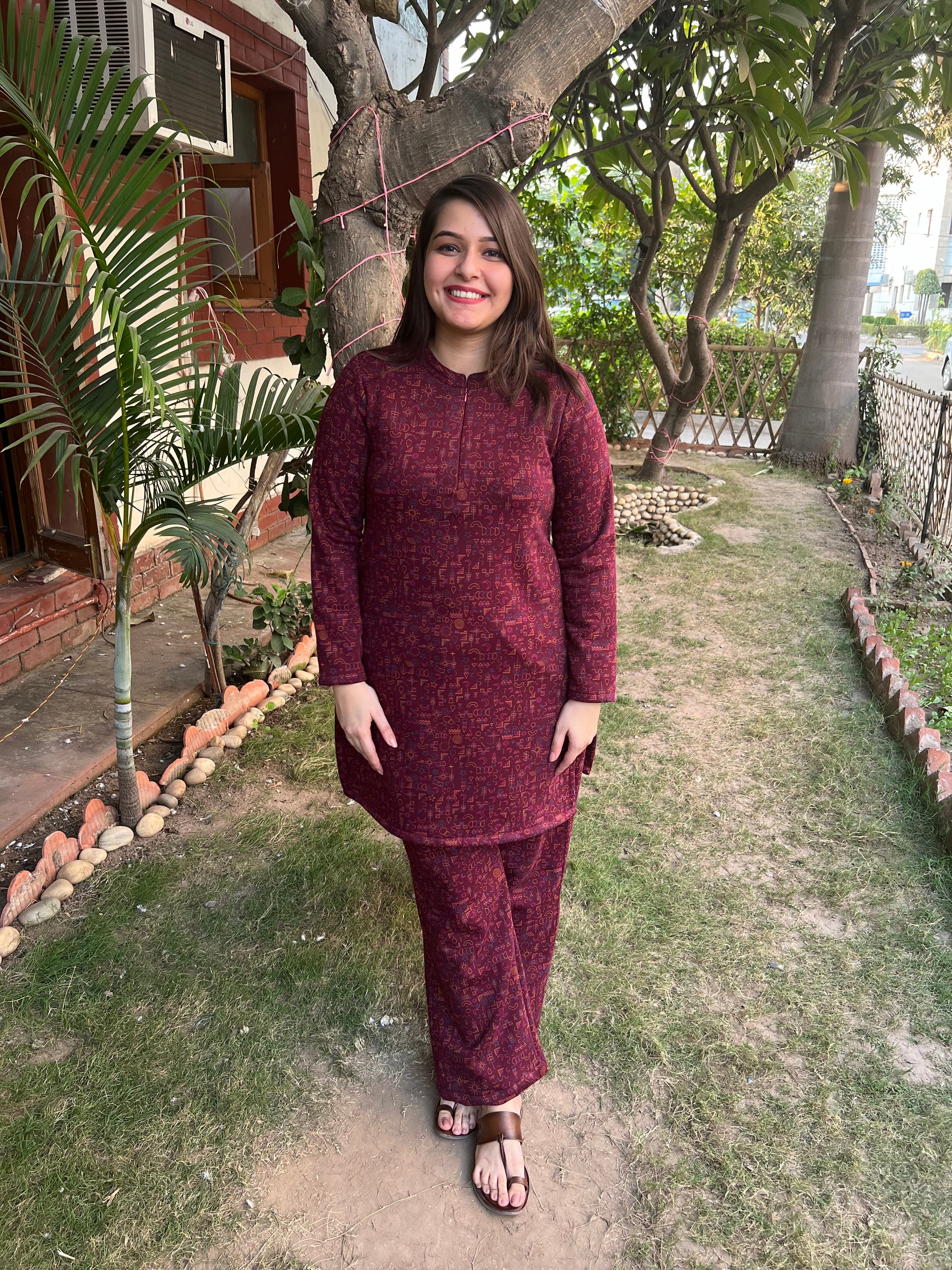 Maroon Fleece winter nightsuit - MYSANSKRITAM