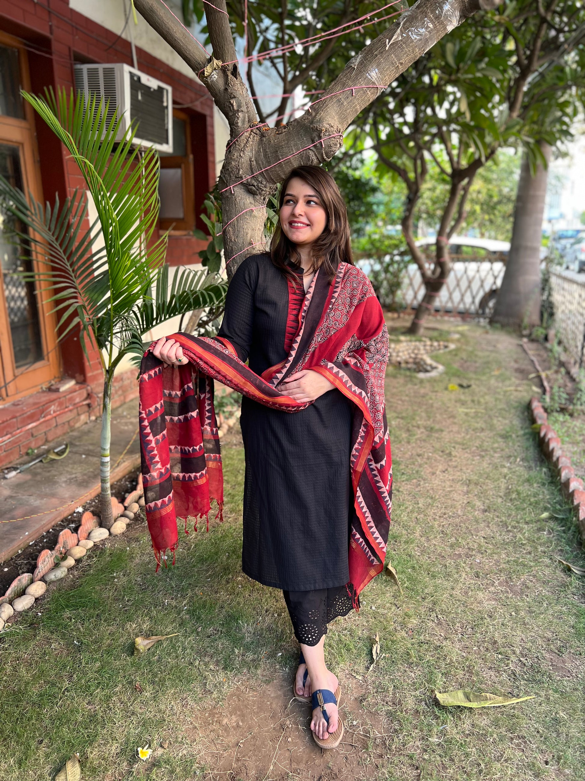 Black Border kurta with South cotton ajrakh duppata - MYSANSKRITAM