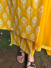 Yellow Ikkat Print Pintucks Suit Set palazzo by MySanskritam