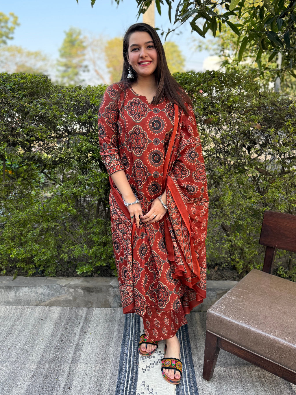 Rust Printed Aline Full Suit Set by MySanskritam