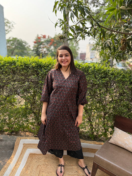 Black sanganeri print A-line kurta