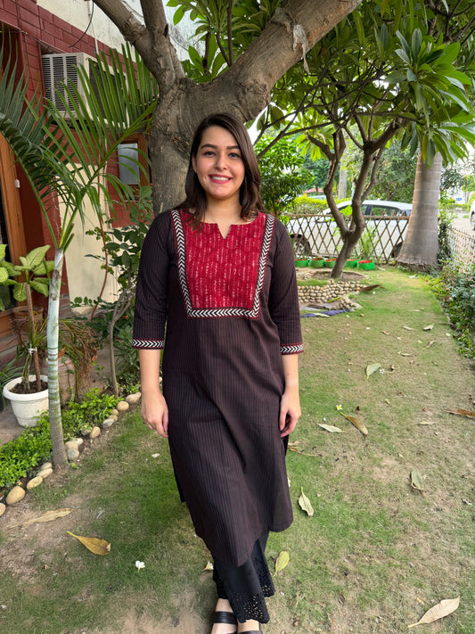 Black kantha ajrakh yoke kurta