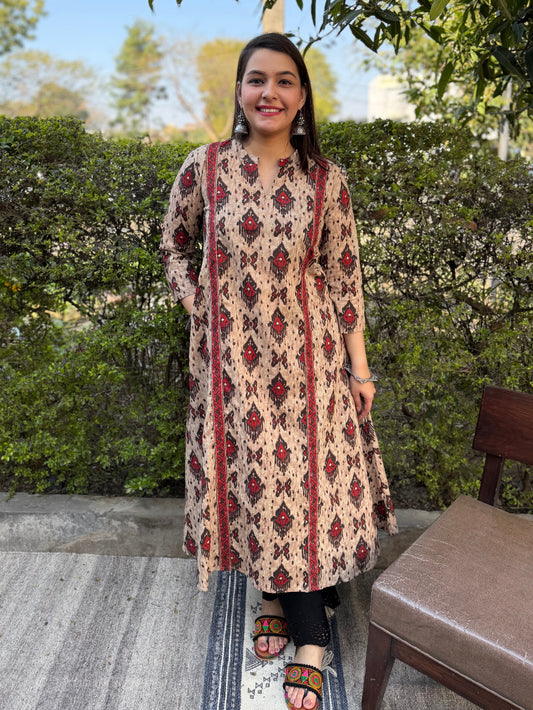 Beige Ikkat Print Aline Kurta by Sanskritam
