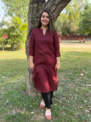 Maroon kantha yoke linen kurta