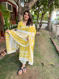 Mustard Lacework printed full suit set - MYSANSKRITAM