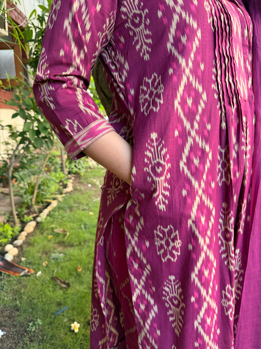 Magenta Ikkat Print Pintucks Suit Set  sleeve and pocket by Sanskritam
