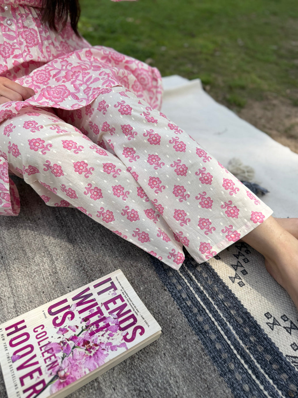 Pink Floral Pintucks Co-ord Set Pants by Sanskritam