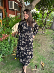 Black Floral dress with pockets - MYSANSKRITAM