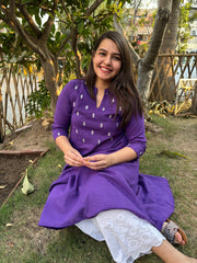 Purple embroidered yoke A-line kurta with pockets