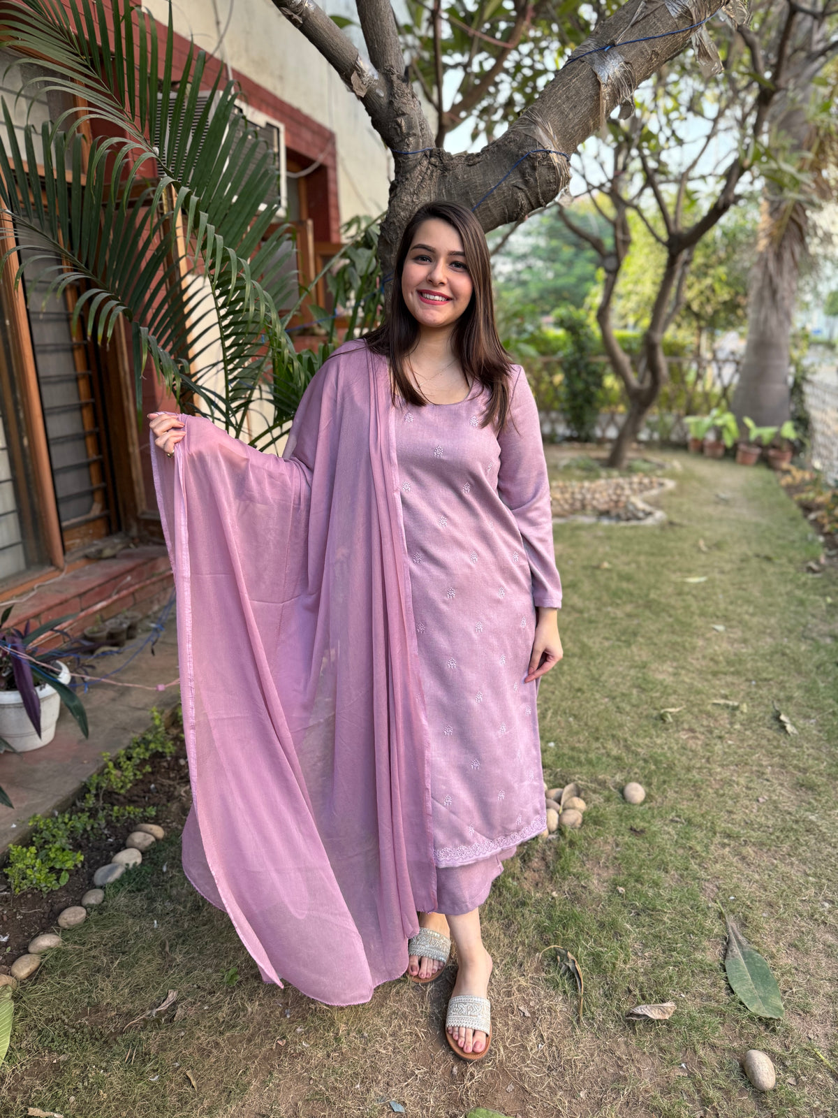 lavender embroidered woollen suit set