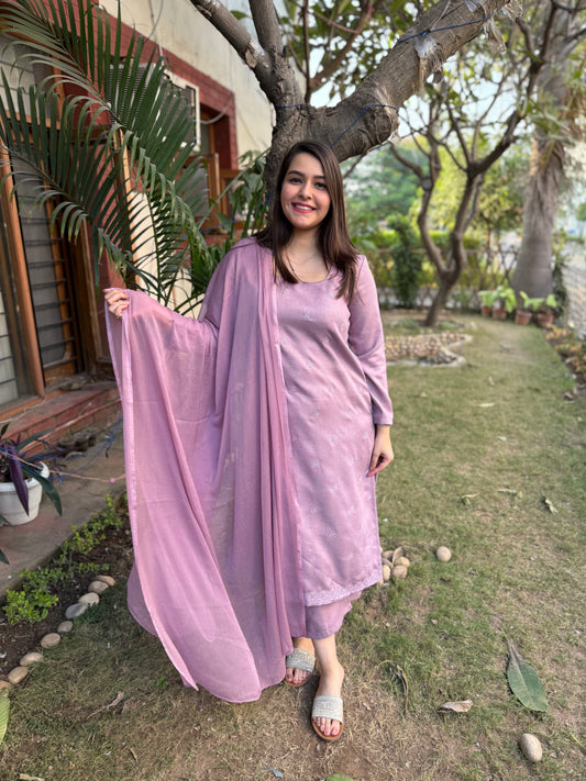 lavender embroidered woollen suit set