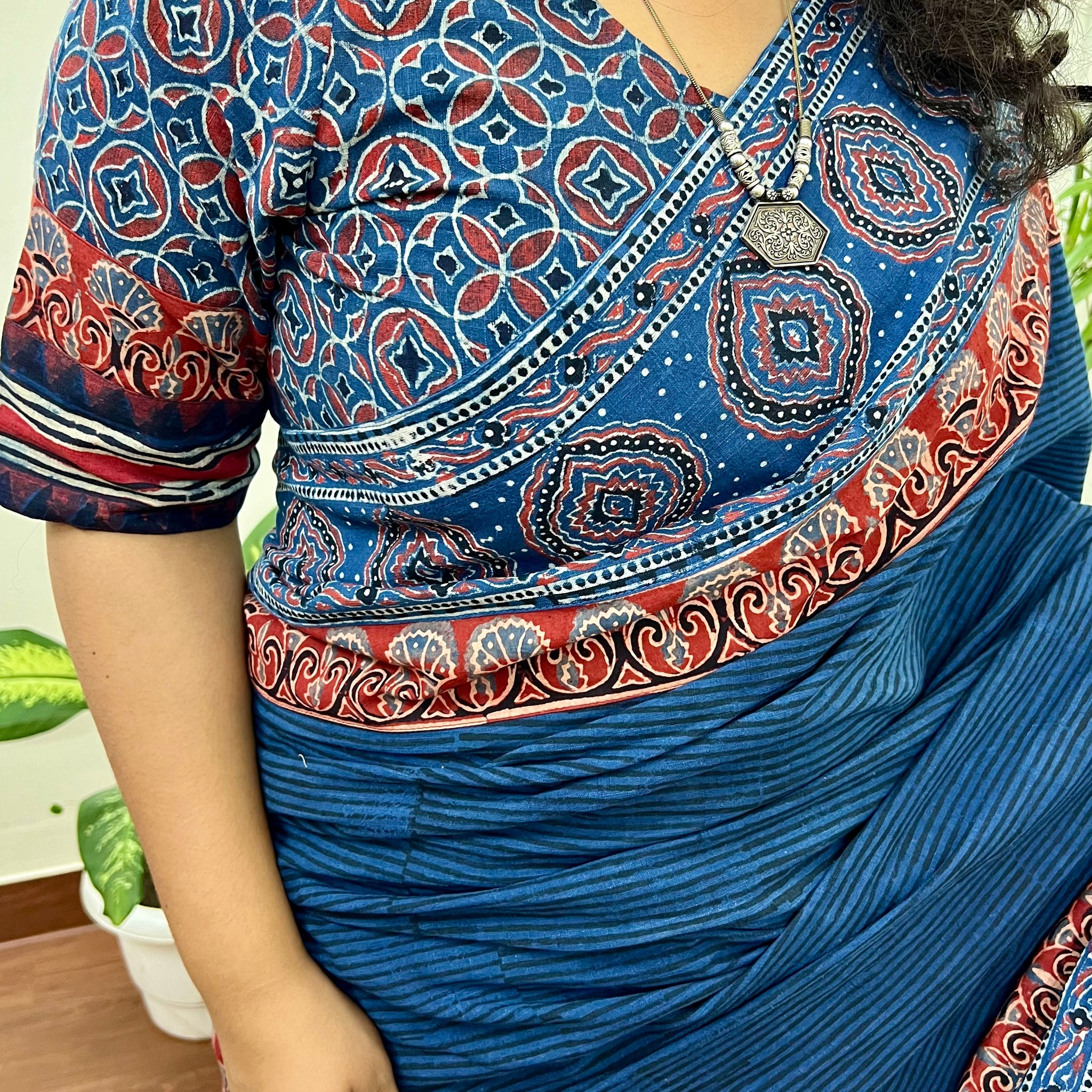 Indigo ajrakh border stitched blouse - MYSANSKRITAM