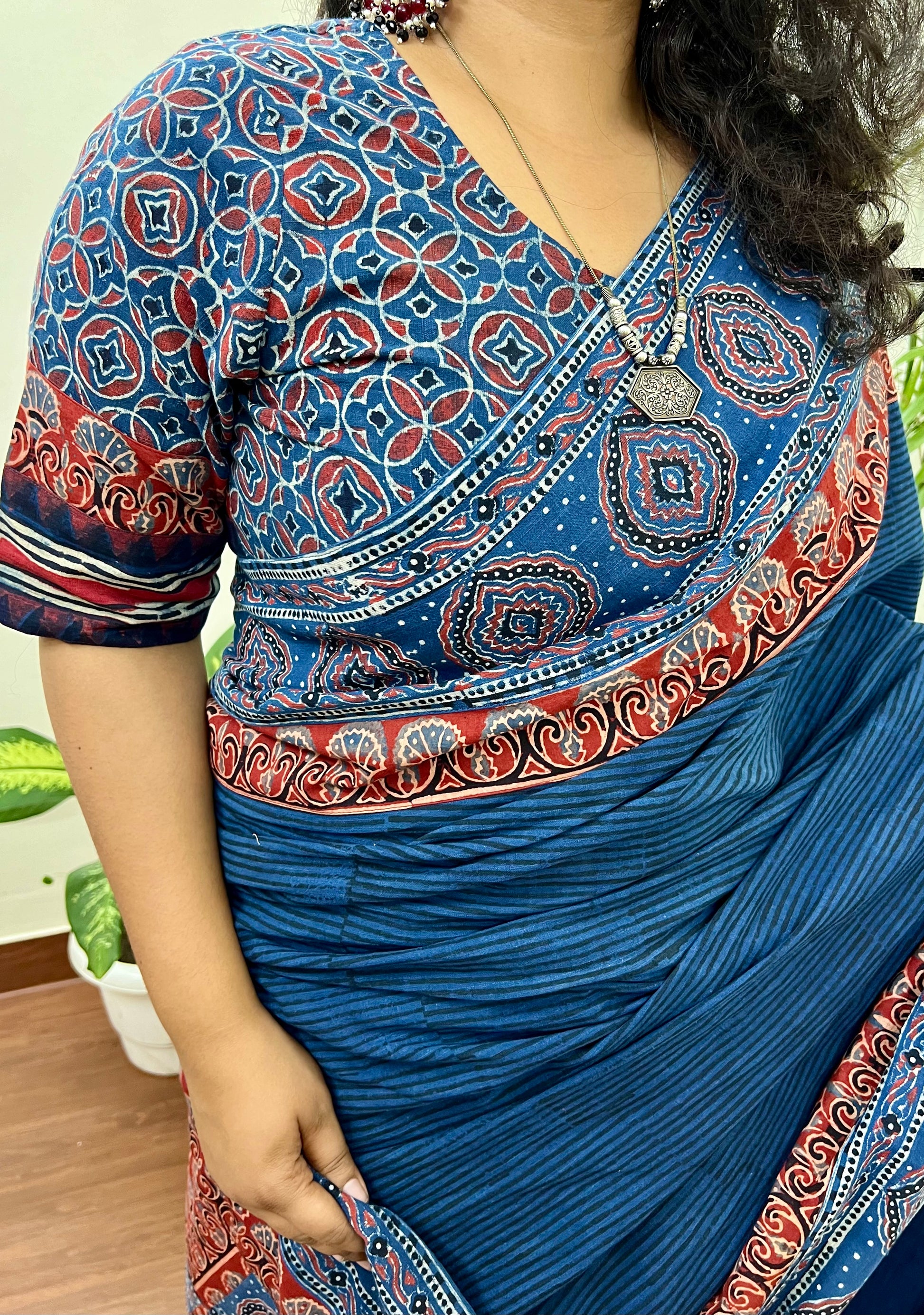 Indigo ajrakh border stitched blouse - MYSANSKRITAM