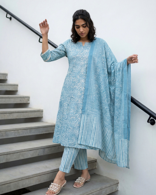 Pastel blue Floral Aline suit set