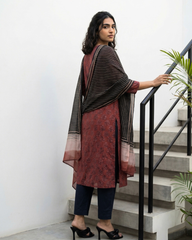 Maroon Handblock printed yoke suit set