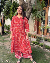 Red Sanganeri Aline full suit set