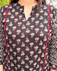 Black small lotus aline kurta with contarst sleeve