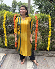 Mustard green lines modal silk kurta