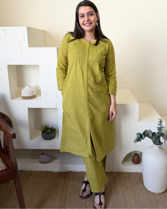 Parrot Green Embroidered Coord set