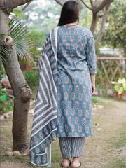 Sky Blue Handblock Cotton Suit Set