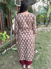 Beige & Maroon Heritage Print Kurta Set
