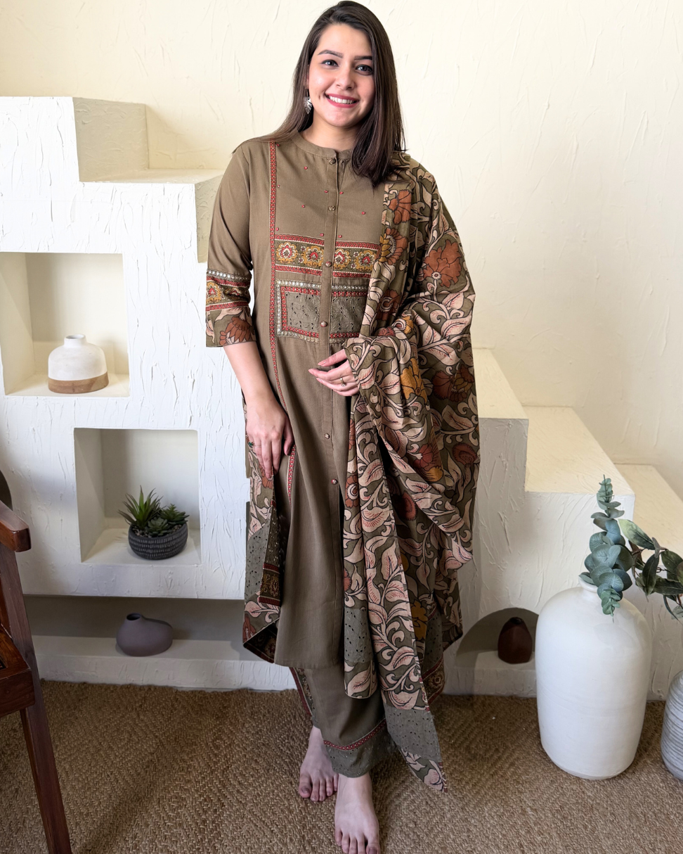 Mehendi green embroidered suit set