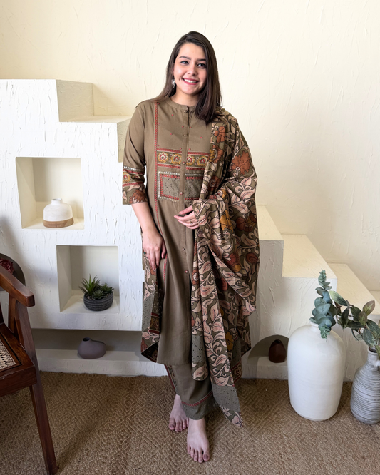 Mehendi green embroidered suit set