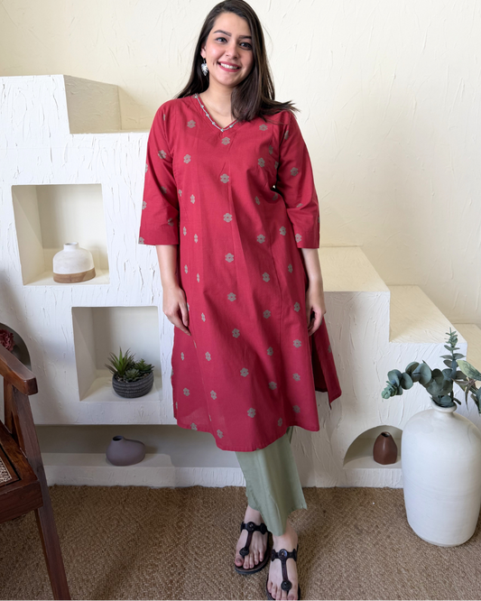 Red solid flower coord set with pocket