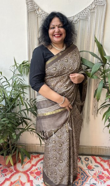 Brown Handblock Chanderi saree - MYSANSKRITAM